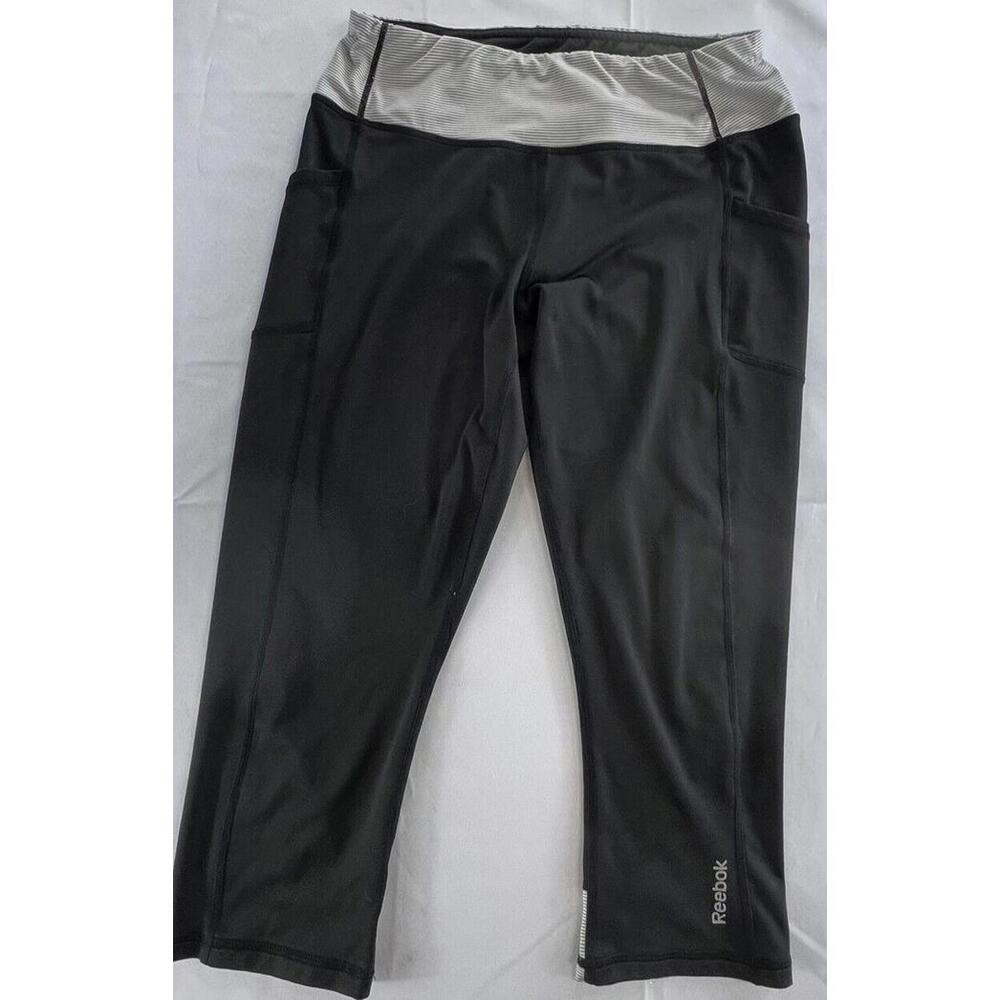 Reebok Womens Capris Black Grey White Stripe Waistband Hems Size M
